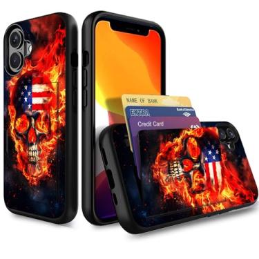 Imagem de Vobber Capa para iPhone 17, capa tipo carteira escondida com compartimento para cartão à prova de choque TPU e PC capa protetora de camada dupla para iPhone 17 6,3 polegadas 2025, caveira de fogo