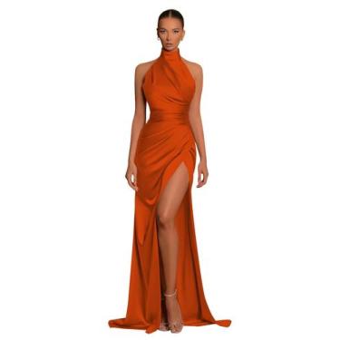 Imagem de Vestido de dama de honra Yilis Halter Mermaid Satin Burnt Orange