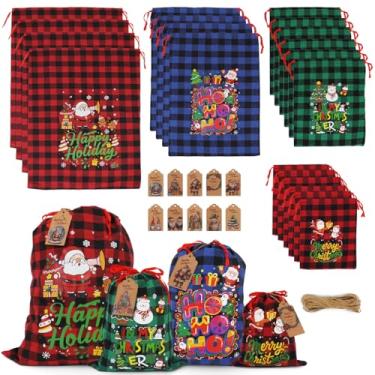 Imagem de 20 peças de algodão pequenos sacos de guloseimas de Natal com cordão de Natal tamanhos variados Buffalo xadrez Natal tecido presentes presentes sacos reutilizáveis lembrancinhas de festa de Natal