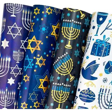 Imagem de WRAPAHOLIC Folha de papel de embrulho de Hanukkah – 12 folhas com design de estrela de Davi e velas dobradas com 12 etiquetas de presente para festas, celebração - 40 cm x 70 cm por folha