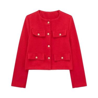 Imagem de Jaqueta Elegante Feminina Cropped Com Decote Redondo, Manga Longa, Bol