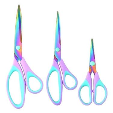 Imagem de 3 tesouras artesanais lâminas de aço inoxidável tesouras de costura tesoura de aderência confortável tesoura de tecido multiuso para escritório, escola, casa (roxo verde)