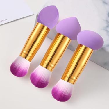 Imagem de Pincéis de maquiagem e kit de esponja - 3 peças de pincéis de maquiagem de beleza de base macia e esponja aplicador de cosméticos faciais, pincel para base, blush, creme e pó (roxo)