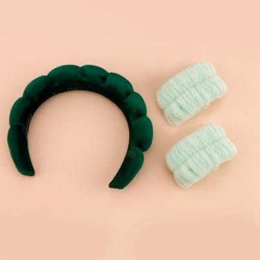 Imagem de Conjunto de faixas de cabelo de spa para lavar o rosto e pulseiras, para cuidados com a pele, esponja, facial, cuidados com a pele, veludo, acessórios de maquiagem inchados para mulheres - verde
