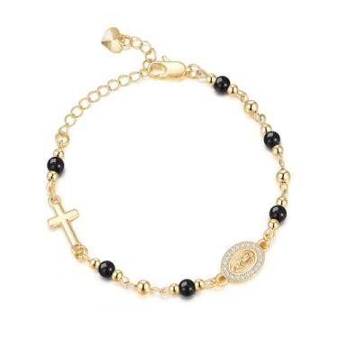 Imagem de Pulseira feminina de ouro virgem maria - pulseira de cruz religiosa banhada a ouro 14 K, joia delicada dourada não manchada Virgen De Guadalupe com contas de pedra natural, presente de confirmação de