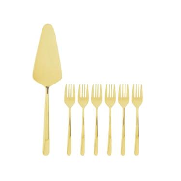 Imagem de WOLFF - Conjunto Espátula para Bolo e 6 Garfos para Sobremesa Viena Dourado Aço Inox