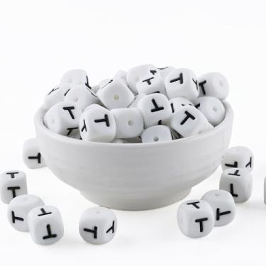 Imagem de HHCFAST Contas de silicone do alfabeto letra T quadradas brancas de 12 mm, 20 peças de contas de silicone com número de coração de cubo para fabricação de chaveiros, ideal para colar, pulseiras e