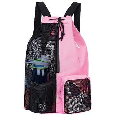 Imagem de Mochilas de bola de futebol de ombro com cordão mochilas de armazenamento de praia com bolsos molhados malha espessada confortável para esportes ao ar livre (Rosa)