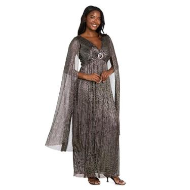 Imagem de R&M Richards Vestido maxi feminino com decote em V plissado enrugado com mangas longas e detalhes de strass - vestido de coquetel e festa, Dourado/preto, 52