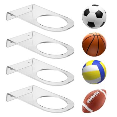 Imagem de MAQUITA Suporte de parede para basquete com 4 peças, suporte de exibição de futebol de acrílico, suporte de parede transparente para armazenamento de bolas