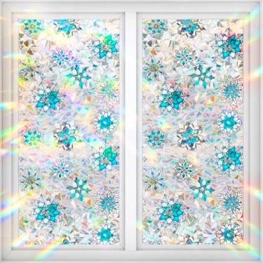 Imagem de ZUYYON Película de privacidade para janela de Natal, floco de neve, arco-íris, adesivos decorativos para janela, decalque de vitral de Natal, adesivo de vidro estático não adesivo, 100 x 40 cm