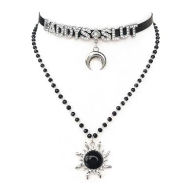 Imagem de FAYERXL Gargantilha gargantilha de couro gótico lua crescente, colar gargantilha preta lua sol estrela, nome letra Halloween joia de Natal presente para mulheres, Adjustable, Couro Metal, Sem Pedra