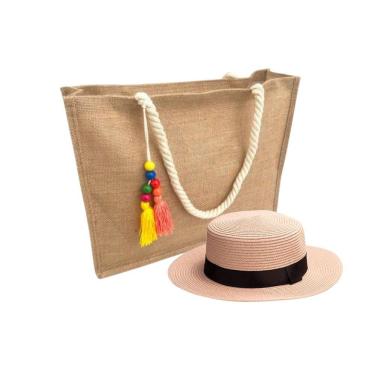 Imagem de Kit Chapéu Paris E Bolsa Palha Juta Zíper Praia Verão Moda Piscina bege