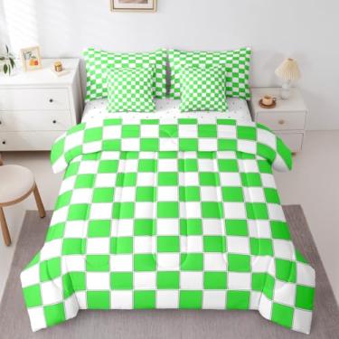 Imagem de Erosebridal Jogo de cama casal, xadrez, verde limão, com lençol de 7 peças, geométrico, guingão, para quarto de crianças, meninos e adolescentes, macio, leve para todas as estações