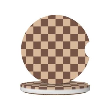 Imagem de Porta-copos de carro xadrez marrom para porta-copos, pacote com 2 porta-copos de carro para carro, porta-copos de carro absorvente de cerâmica com entalhe de dedo e base de cortiça, acessórios de
