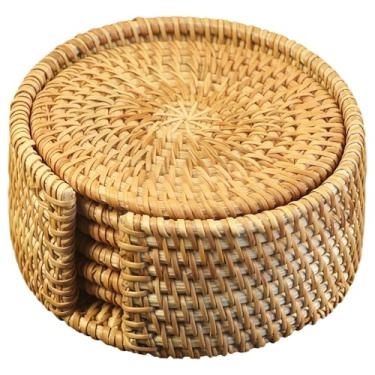 Imagem de Conjunto de 6 porta-copos de vime de tecido com suporte de madeira, tapetes redondos de absorção de calor de 7,9 cm para copos, canecas e vidros, neutro