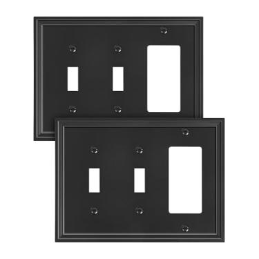 Imagem de TREEWELL Pacote com 2 decoradores/placa de cobertura de interruptor de luz dupla, capas de tomada elétrica decorativas modernas pretas, placas de interruptor de parede de fibra de bambu e capas de
