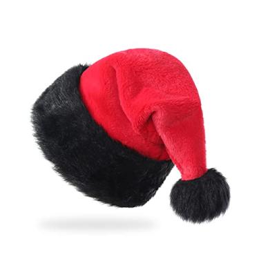 Imagem de TWSANTAMAS Chapéu de Natal, chapéu de Papai Noel de pelúcia super macio para presente de festa de Natal, chapéu de Papai Noel personalizado, chapéu de Natal para adultos unissex (preto e vermelho)