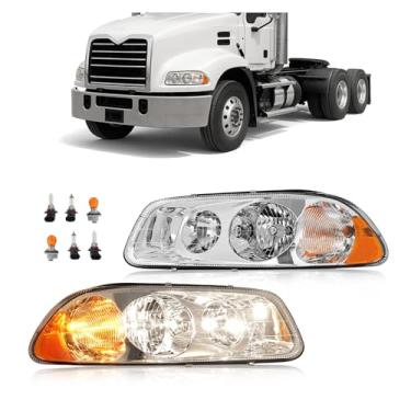 Imagem de HECASA Par de faróis de halogêneo com lâmpadas compatíveis com 1998-2018 Mack CX CXN CXU GU4 GU5 GU7 GU8 Conjunto de substituição de farol dianteiro do eixo traseiro para 2M0526AM 2M0525AM lente