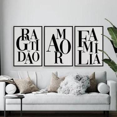 Imagem de Kit 3 Quadros Gratidão Amor E Família 60X40Cm Madeira Preta - Quadros 