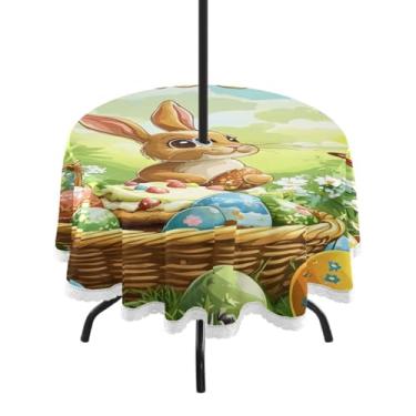 Imagem de Blueangle Toalha de mesa redonda à prova d'água de 152 cm Coelhinho feliz Páscoa com orifício para guarda-chuva - Tecido resistente à prova de sol para todos os climas para pátio, acampamento