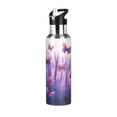 Imagem de ATTX Garrafa de água de aço inoxidável com canudo, design de campo de lavanda com borboletas, 590 ml, garrafa de água esportiva sem BPA para academia, trabalho, atividades ao ar livre e viagens #125
