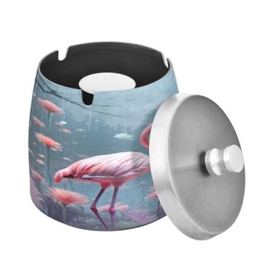 Imagem de Blueangle Cinzeiro de flamingos rosa com tampa para cigarros, à prova de vento/chuva, aço inoxidável, sem fumaça, inodoro, cinzeiro para uso interno ou externo (489)