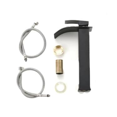 Imagem de Torneira banheiro inox monocomando Lavabo Saída Alta para Cuba Quadrado Pintura Preta Ajuste de Água Quente Fria, Design Quadrado Moderno(Preto/cachoeira(kit2))