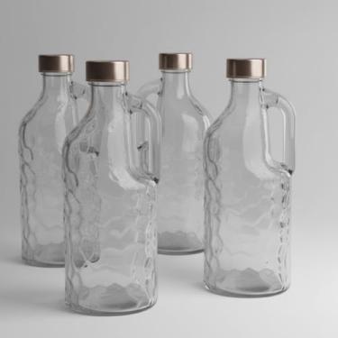 Imagem de Kit 4 Garrafas de Vidro Quadrada 1 Litro Premium com Tampa Hermética para Conservação de Suco Água Chá e Leite (effect c/alça)