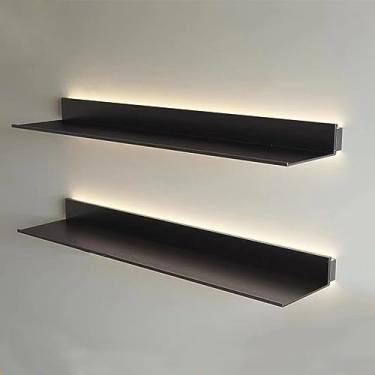 Imagem de uhyOHF Prateleiras de parede flutuantes, prateleira de exibição flutuante de parede dupla face de liga de alumínio com luz quente de LED para prateleira de plantas (preto - 60 x 20 cm