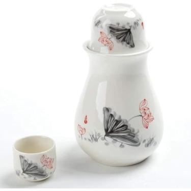 Imagem de uhyOHF Conjunto de copo de saquê japonês conjunto de 4 peças de saquê de cerâmica com textura de esmalte branco conjunto de saquê de porcelana japonesa conjunto de panela de aquecimento de saquê para