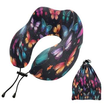 Imagem de CEBUGI Travesseiros de viagem portáteis em forma de U, travesseiro de pescoço de espuma viscoelástica com trava de corda ajustável para avião, viagem, trem, negócios, escritório, soneca (borboletas