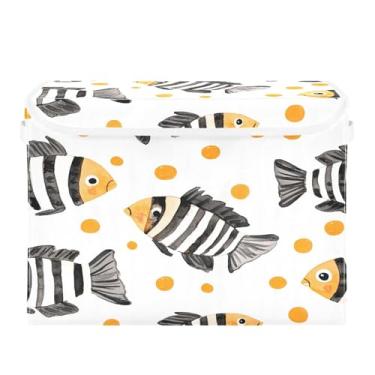 Imagem de Wassud Cestos de armazenamento dobráveis com tampas, design listrado de peixe, cestas organizadoras de tecido dobrável para armário, casa e decoração sazonal 41,5 x 32,5 x 39,5 cm x 29,5 cm