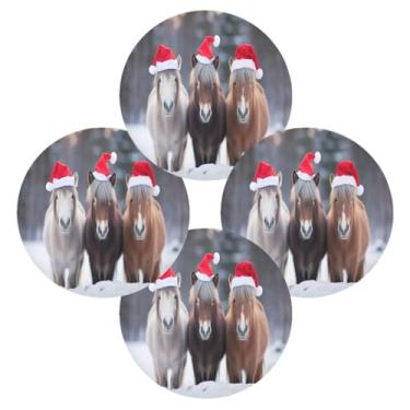 Imagem de Wassud Jogo americano conjunto de 4 tapetes de mesa redondos com três cavalos em miniatura em chapéus de Papai Noel para cozinha e jantar, tapetes laváveis resistentes ao calor, decoração de mesa 39