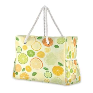 Imagem de Wassud Bolsa de praia grande com estampa de limão para mulheres, impermeável, à prova de areia, bolsa de viagem com zíper e bolso para piscina, academia, acampamento