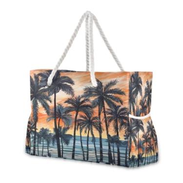 Imagem de Wassud Bolsa de praia grande para mulheres, palmeiras ao pôr do sol, à prova d'água, à prova de areia, bolsa de viagem com zíper e bolso para piscina, academia, acampamento
