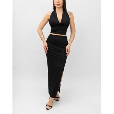 Imagem de Conjunto Feminino Saia Longa Fenda e Cropeed Decotado Alça Suplex Eleg