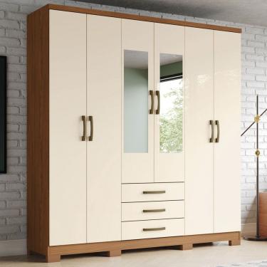 Imagem de Guarda-Roupa Solteiro Caju 6 Portas 3 Gavetas com Espelho Natural/ Off White - Henn