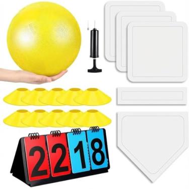 Imagem de Jenaai Conjunto de 18 peças de kickball esportivo inclui bola de playground de 25 cm, 5 bases de borracha para jogar para baixo, saco de rede para placar, 10 cones de linha suja para crianças,