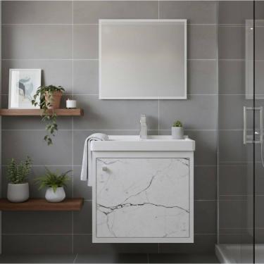 Imagem de Kit Armário para Banheiro 40cm MDF com Cuba + Espelheira - Veneto Branco