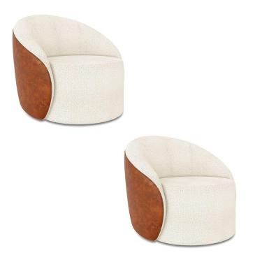 Imagem de Poltrona Sala Orgânica Kit 2 Lua Giratória Sintético Pu Nozes/bouclê Off White D03 - D'rossi