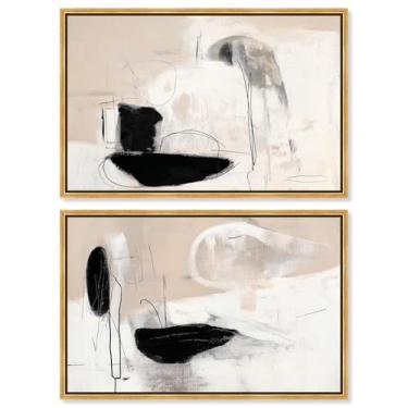 Imagem de Conjunto de 2 arte de parede para sala de estar com impressão abstrata de luxo neutro por Art Remedy, moldura dourada, 76 x 50 cm