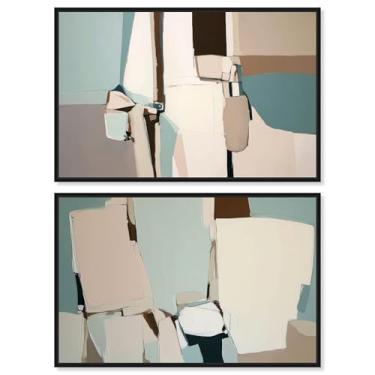 Imagem de Conjunto de 2 arte de parede de sala de estar em tela abstrata Neutral Harmony da Art Remedy, moldura preta, 76 x 50 cm