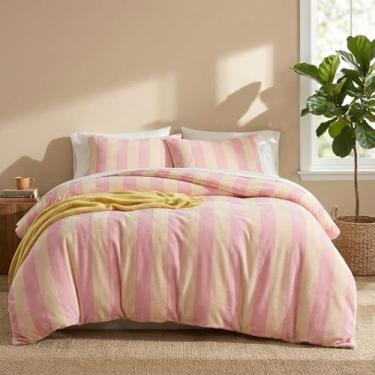 Imagem de Bedbay Conjunto de edredom King listrado rosa, luxuoso, de veludo, macio, com estampa de listras amarelas, rosa e amarelo, conjunto de cama king size para todas as estações