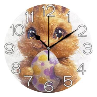 Imagem de Relógio de parede analógico decorativo redondo sem tique-taque silencioso relógio de cozinha rústico, decoração de parede vintage, sala de estar, coelho marrom de Páscoa fofo, 25 cm, ponteiros