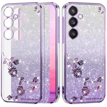 Imagem de Yarxiawin Capa de telefone para Samsung S25 Plus fina estética, efeito glitter para Samsung Galaxy S25 Plus capa transparente silicone macio Shockpooof capa rosa floral para mulheres (roxo)