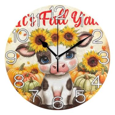 Imagem de GAIGEO Relógio de parede analógico decorativo para sala de aula relógio de escritório redondo sem tique-taque silencioso, retrô moderno art déco decoração de parede bonito vaca girassóis outono, 25 cm