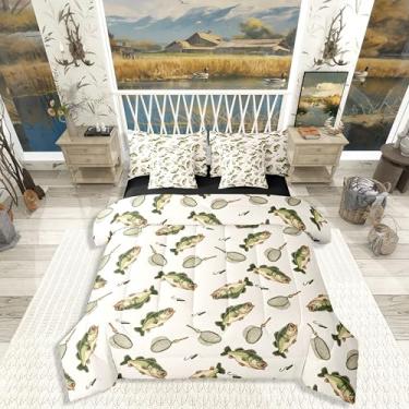 Imagem de Erosebridal Conjunto de edredom com 7 peças de lençol (tamanho solteiro) – Conjunto de cama infantil para meninos e homens, redes de anzol, robalo, natureza, caça, animais, cama em uma bolsa