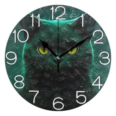 Imagem de GAIGEO Relógio de parede analógico decorativo redondo sem tique-taque silencioso quarto relógio de cozinha, decoração de parede de casa de fazenda moderna gato preto fofo gato animal gatinho, 25 cm