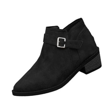 Imagem de Botas femininas modernas, casuais, versáteis, com fivela de cinto pontiaguda, salto grosso, estilo britânico, salto médio, cano curto, para verão, outono, lazer, atividades ao ar livre, Preto, 34